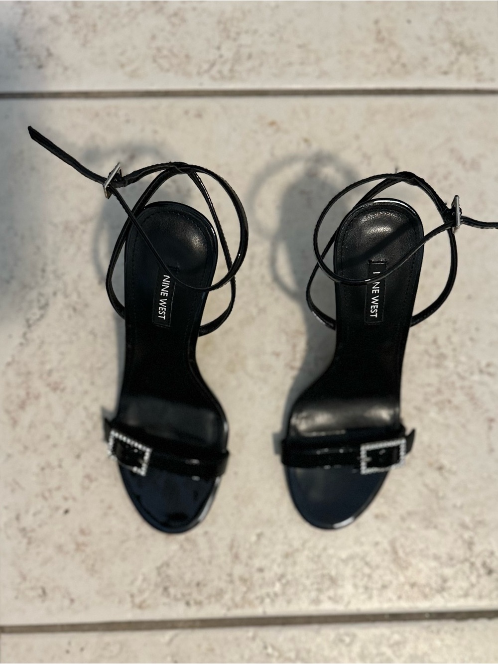 Nine West Black Strappy Heel Sandals with Rhinestone Buckle